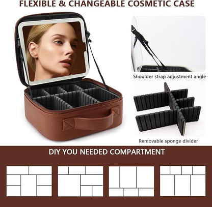 Travel Makeup Bag for Women and Makeup Artists Cosmetic Organizer Large Makeup Case,Travel Makeup Bag with Mirror 3 Color Setting,Portable Storage and Adjustable Dividers(Dark brown)