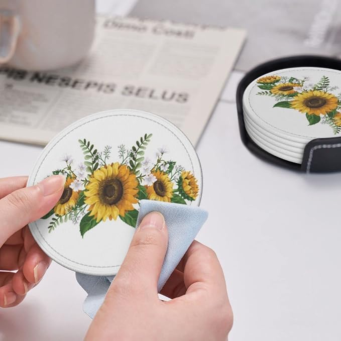 6 Pcs Sunflower Floral Leather Coasters