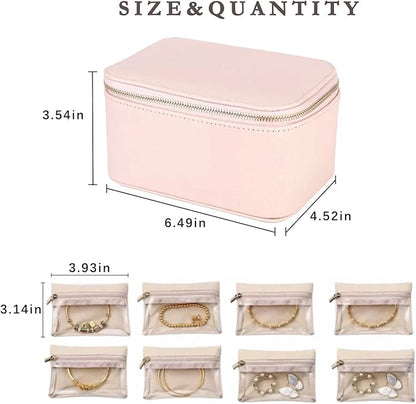 Jewelry Box Organizer for Women,Small Travel Jewelry Case,Mini Travel Jewelry Organizer with 8 Velvet Jewelry Zipper Pouches, Jewelry Box Organizer for Christmas Birthday(Pink)