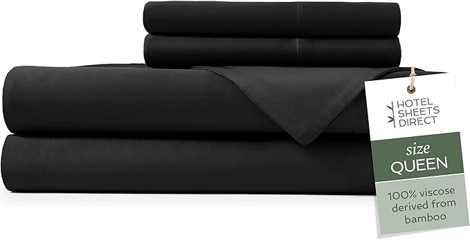 Hotel Sheets Direct 4 Piece Bed Sheet Set Queen Size, 100% Viscose Derived from Bamboo Sheets Set with 2 Pillowcases, Cooling & Breathable Luxury Bedding, Moisture-Wicking & Silky Soft Texture, Black