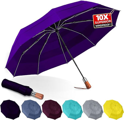 3T Wind Armor Travel Umbrella Compact Easy Auto Open Close Folding Umbrellas for Rain Windproof Umbrella for Women and Men Durable Real Wood Handle Portable Fits Backpack Car