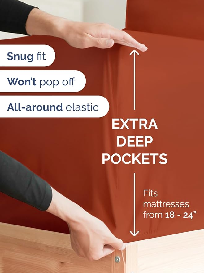 Extra Deep King Fitted Sheet - Hotel Luxury Single Fitted Sheet Only - Easily Fits 18 inch to 24 inch Mattress - Ultra Soft, Wrinkle & Fade Free w/Extra Deep Pockets - Breathable & Comfy - Terracotta
