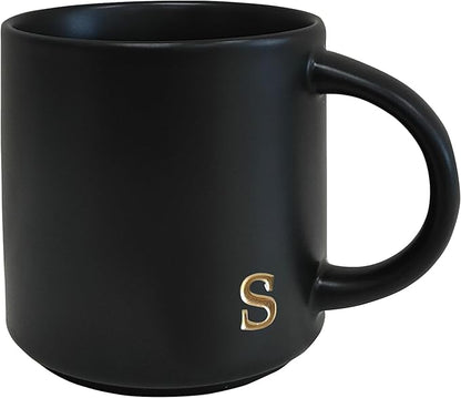 COLLECTIVE HOME Black Ceramic Coffee Mug, 15 oz Golden Monogram Tea Cup |