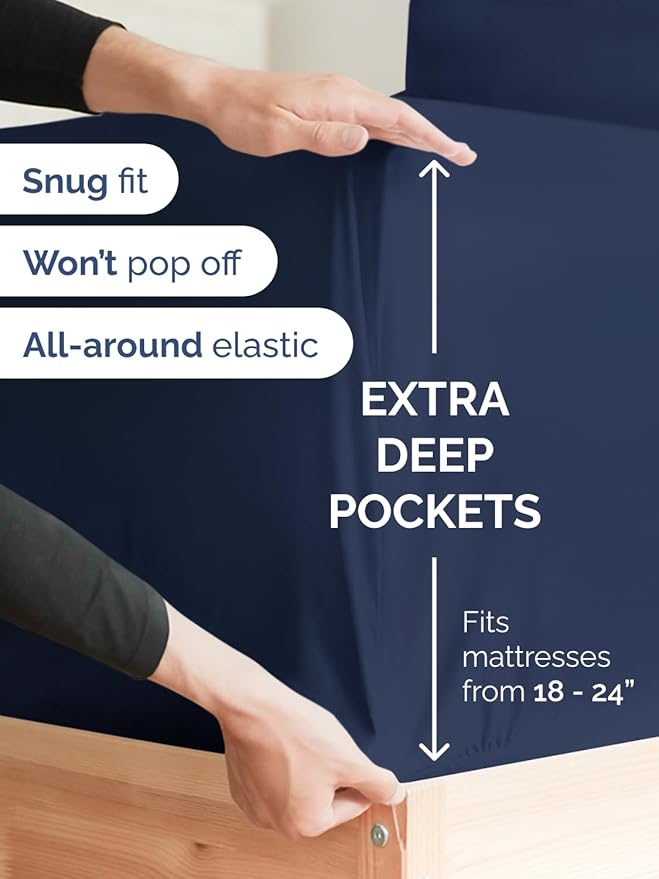 Extra Deep Queen Fitted Sheet - Hotel Luxury Single Fitted Sheet Only - Easily Fits 18 inch to 24 inch Mattress - Ultra Soft, Wrinkle & Fade Free w/Extra Deep Pockets - Breathable & Comfy - Navy Blue