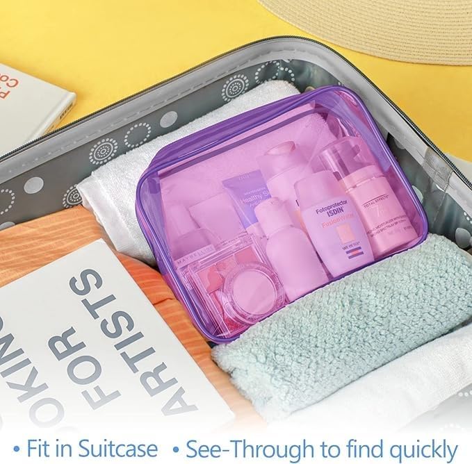 PACKISM 2 Pack Clear Toiletry Bags with Zipper, Water-resistant Cosmetic Bag, Clear Makeup Bag Fit Travel Essentials, Carry-on Travel Bag, Light Pinkish Purple