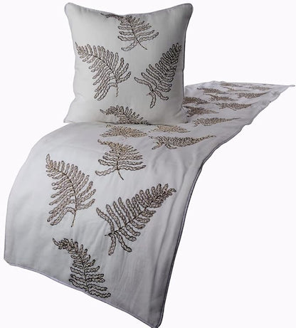 The HomeCentric White Bed Runner, Queen Size 74"x18" Decorative Bed Runner with 2 Matching Pillow Cover, White Linen Bed Scarf in Fern Embroidery & Pearl - Fern Blossom