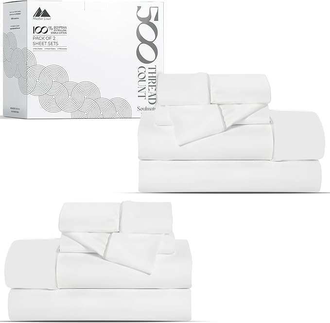 Mayfair Linen 100% Egyptian Cotton 2 Pack Full Sheet Set - Luxury 500 Thread Count Cotton Sheets Full Size (8 PC, Silver), Soft, Cooling, Sateen Weave, 16" Deep Pocket Hotel Quality Bed Sheet Set