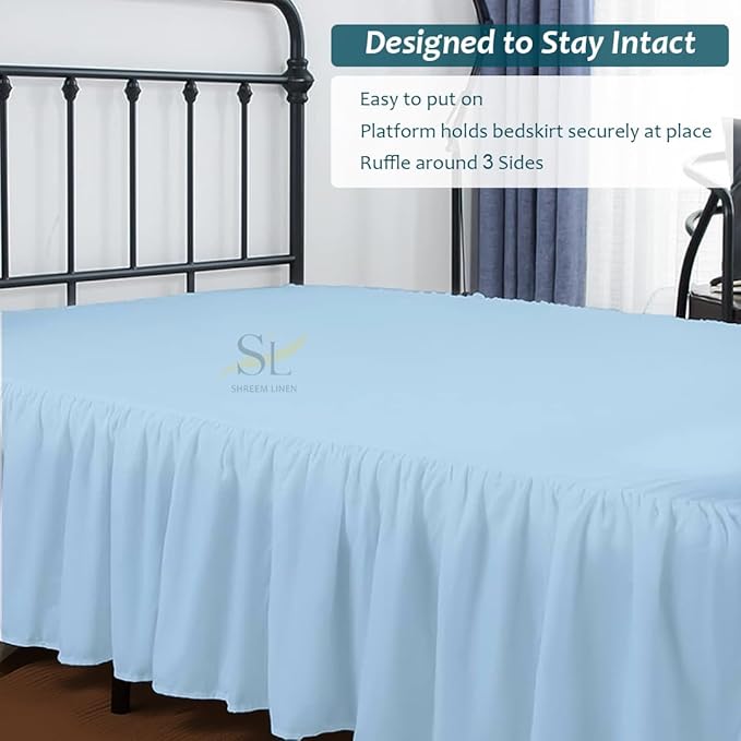 Shreem Linen Ruffled Bed Skirt with Split Corners, Gathered Style, 100% Microfiber, 16-Inch Drop, Dust Ruffle Bedskirt with Platform, Short Queen, Light Blue