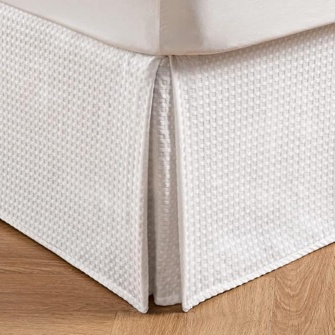 MIYE Pleated Waffle Weave Bed Skirt, Tailored Dust Ruffle 18 Inch Drop Easy Fit, Machine Washable (White, Twin - 18" Drop)