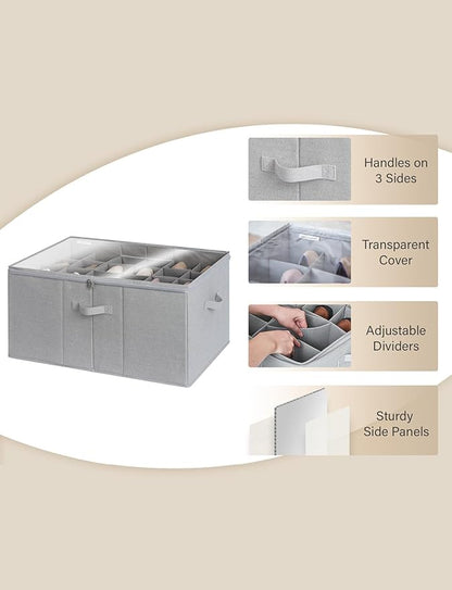 StorageWorks Shoe Organizer for Closet, Fits up to 24 Pairs, Shoe Cubby Storage Containers with Adjustable Dividers and Clear Cover, Grey