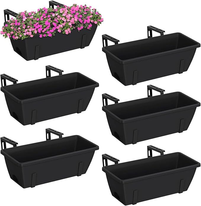 YBING Railing Planter Boxes 6 PCS Black Rectangle Railing Flower Box
