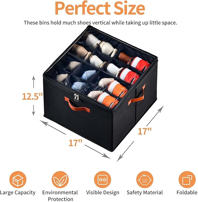 2 Pack Shoe Organizer for Closet, Fits up to 32 Pairs, Adjustable Dividers for Shoe Storage, Space-Saving Shoe Bins and Clear Top, Black