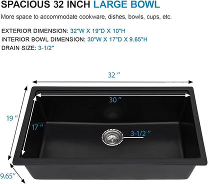 32 Granite Composite Kitchen Sink - Donsdey 32 Inch Black Kitchen Sink Undermount Granite Quartz Composite Ledge Workstation Matte Black Under Counter Single Bowl Sink Basin