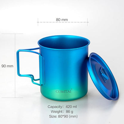 Titanium Camping Pot Mug 15oz (420ml) with Lid and Foldable Handle – Ultralight Camping Cup for Hiking, Backpacking, Outdoor Cooking, Blue