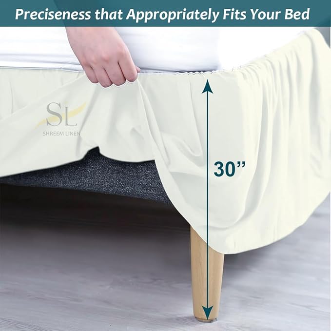 Shreem Linen Ruffled Bed Skirt with Split Corners, Gathered Style, 100% Microfiber, 30-Inch Drop, Dust Ruffle Bedskirt with Platform, Short Queen, Ivory