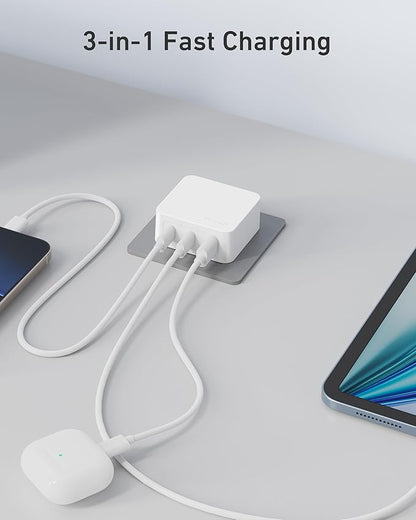 Nekmit 67W Flat USB C Charger Block, 3-Port GaN Fast Wall Charger, USB C Wall Plug for MacBook Pro/Air, iPad, iPhone, Galaxy and More