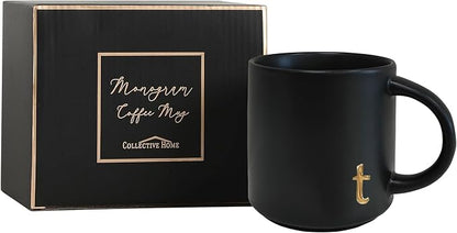COLLECTIVE HOME Black Ceramic Coffee Mug, 15 oz Golden Monogram Tea Cup |