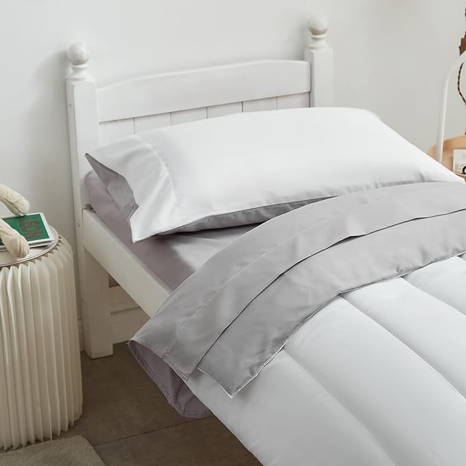 UOZZI BEDDING 4 Pieces Toddler Bedding Set Ultra Soft and Breathable Toddler Sheet Set - Includes Comforter, Flat Sheet, Fitted Sheet and Pillowcase - White & Gray
