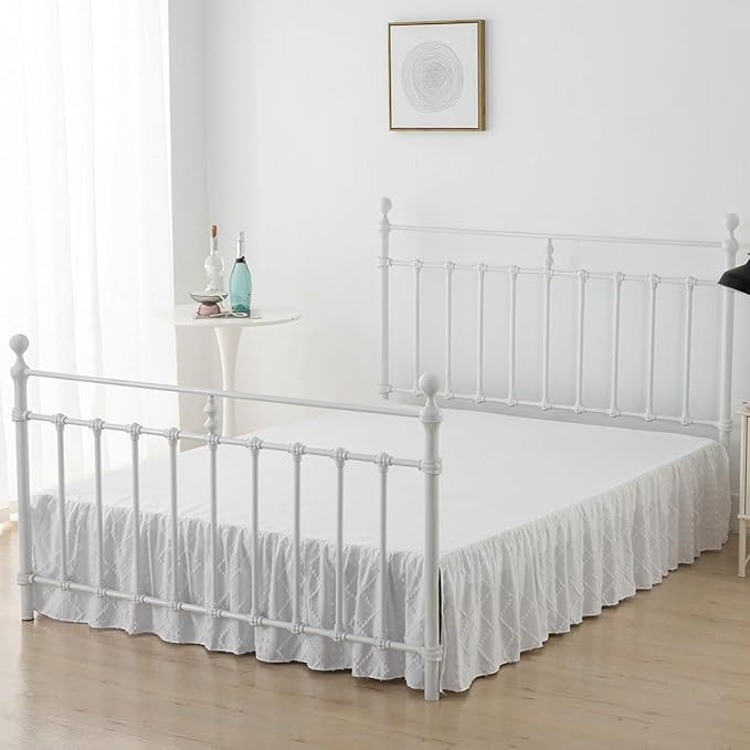 Bed Skirt Full Size Ruffled Bed Skirt with Split Corners, 12 Inch Drop Dust Ruffle Bed Skirts with Platform, Boho Tufted Shabby Chic Full Size Bed Skirts, White