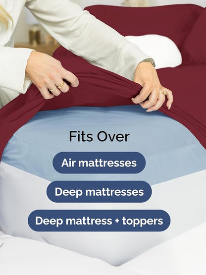 Extra Deep King Fitted Sheet - Hotel Luxury Single Fitted Sheet Only - Easily Fits 18 inch to 24 inch Mattress - Ultra Soft, Wrinkle & Fade Free w/Extra Deep Pockets - Breathable & Comfy - Burgundy