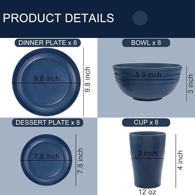 32PCS Blue Wheat Straw Dinnerware Sets