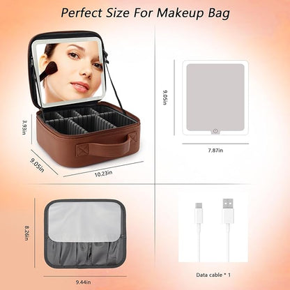 Travel Makeup Bag with LED Mirror Travel Makeup Organizer with 3 Lighted Settings, Adjustable Dividers and Makeup Brush Storage Bag Dark Brown