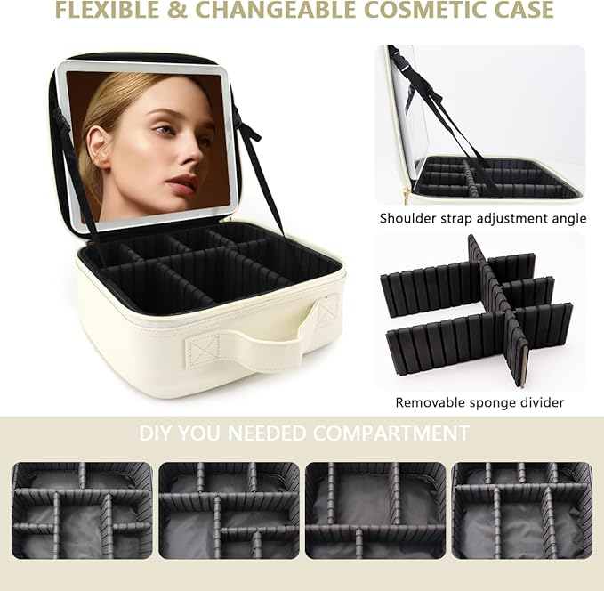 Travel Makeup Bag for Makeup Artists Large Makeup Case,with Mirror 3 Color Setting and Detachable 10x Magnifying Mirror Travel Makeup Bag,Portable Storage and Adjustable Dividers（white）