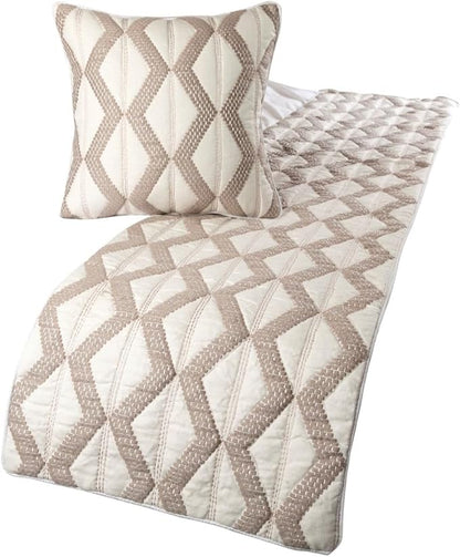 The HomeCentric Ivory Bed Runner, Queen Size 74"x18" Decorative Bed Runner with Matching Pillow Cover, Ivory & Taupe Linen Bed Scarf in Quilted Pattern & Linen Embroidery - Pattern Flatter