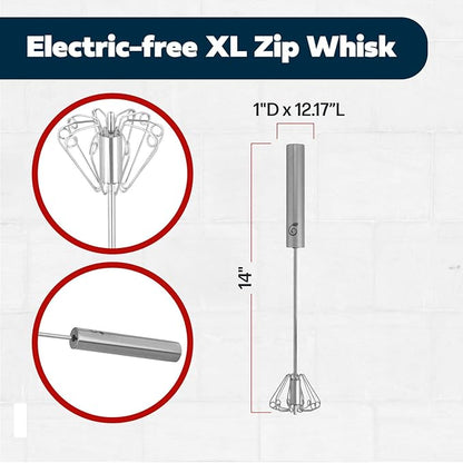 14 Inch Stainless Steel Hand Whisk - Durable & Easy to Use Push-Down Zip Whisker - Rotary Hand Mixer for Beating Eggs, Frothing Milk, Blending, Mixing, Whipping Smoothies & Shakes - Kitchen Tools