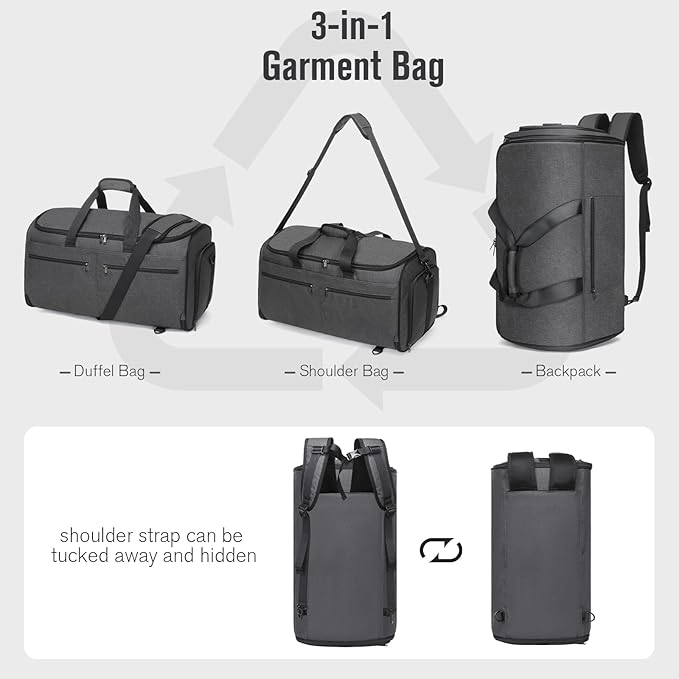 Bukere Garment Bags for Travel, Convertible Carry on Duffel Bag for Men Women, Backpack Straps, Shoe Compartment, 3 in 1 Hanging Dress Suit Bags for Men Women