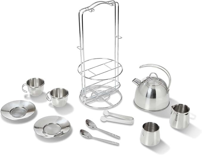 Melissa & Doug Stainless Steel Pretend Play Tea Set and Storage Rack