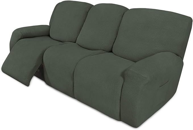 Easy-Going 8 Pieces Recliner Sofa Stretch Sofa Slipcover Sofa Cover Furniture Protector Couch Soft with Elastic Bottom Kids, Spandex Jacquard Fabric Small Checks Olive Green