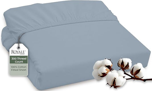 ROYALE LINENS 300 Thread Count 100% Long Staple Combed Cotton Fitted Sheet Twin XL - Super Soft Deep Pocket Bottom Sheet - Fitted Sheets Only - Elastic Sheets (Twin XL, Lake Blue)