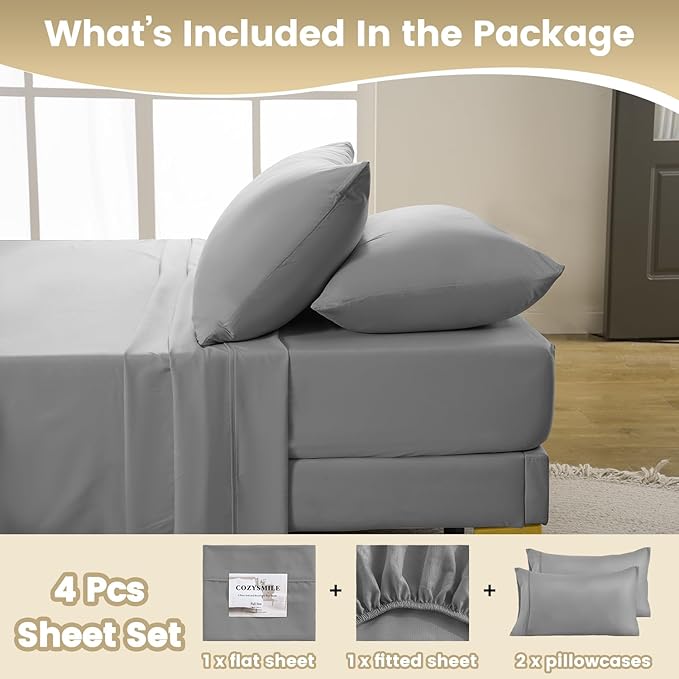 Cal King Size Sheet Set - 4 Piece Silky Soft Breathable Bed Sheet Set, 16" Deep Pocket Hotel Luxury Wrinkle Free Easy Care Bedding Sheets California King,Oeko-Tex-Light Grey