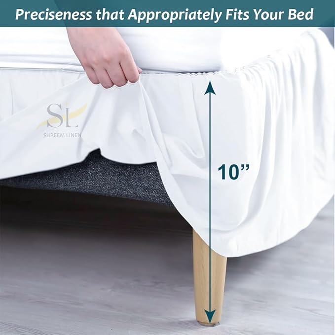 Shreem Linen Ruffled Bed Skirt with Split Corners, Gathered Style, 100% Microfiber, 10-Inch Drop, Dust Ruffle Bedskirt with Platform, Full, White