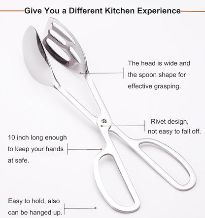 2 Pack Food Tongs, Stainless Steel Kitchen Tongs Salad Tongs 10 Inch Serving Tongs Bread Tongs for Cooking, Barbecue, Pastry, Sandwich, Ice, Buffet Party Catering(Silver)