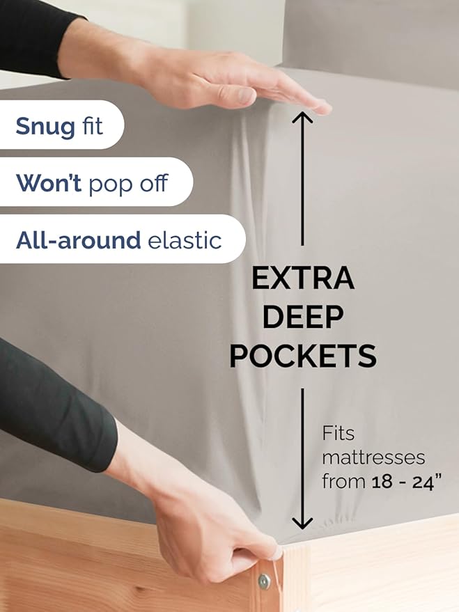 Extra Deep Queen Sheet Set - 6 Piece Breathable & Cooling Sheets - Hotel Luxury Bed Sheets Set - Easy & Secure Fit - Soft, Wrinkle Free & Comfy Sheets Set - Light Grey Sheet Set w/Extra Deep Pockets