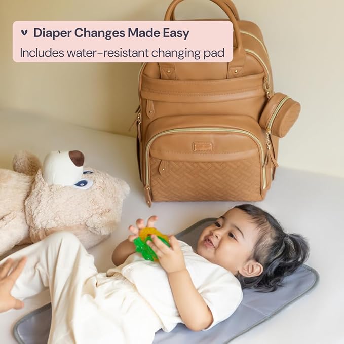 BabbleRoo Leather Diaper Bag Backpack - Baby Essentials Travel Baby Bag, Multi function, Water Resistant, with Changing Pad, Stroller Straps & Pacifier Case – Unisex, Light Brown