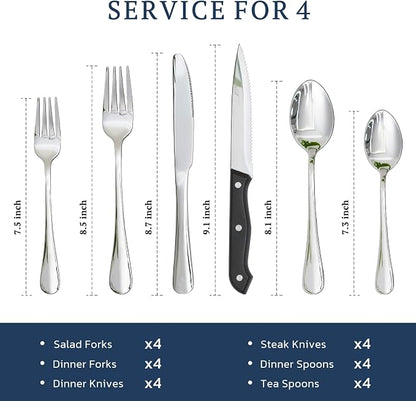 Astercook Silverware Set with Steak Knives 24-Piece Flatware Set