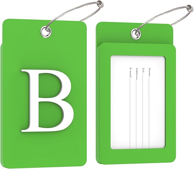Gostwo 2 Pack Luggage Tags for Suitcases, 26 Initial Letter Travel Luggage Baggage Identification Labels ID Tag Fully Bendable Tags with Stainless Steel Loop (Green) (Letter B)