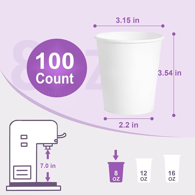 8 oz Paper Cups Small Disposable, 100 Pack White Paper Cups