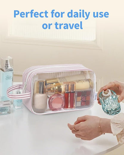 Narwey Clear Toiletry Bags for Traveling Women Men, Clear Travel Bags for Toiletries Makeup Bag Cosmetic Bag with Zipper, Make Up Organizer, Skincare Bag (Dusty Pink Stripe)