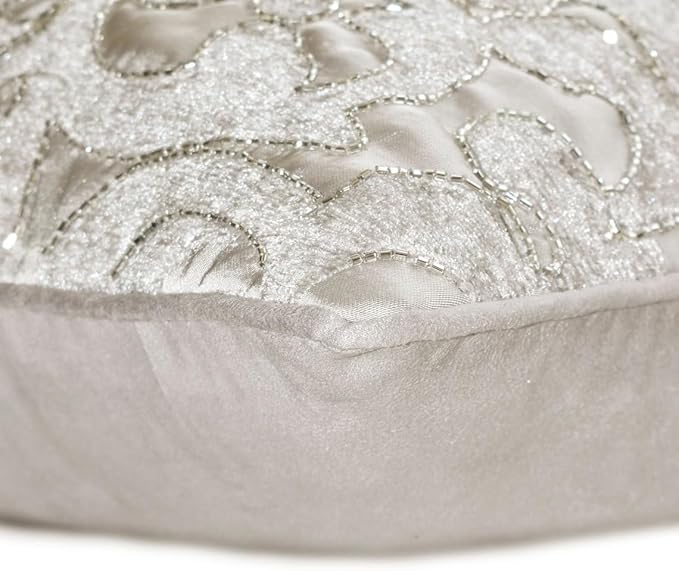 The HomeCentric King/Queen/Twin Silver Luxury Twin 53"x18" Bed Runner Without Pillow Cover, Abstract, Floral, Bead Hand Embroidery Bed Scarf on Jacquard Fabric - Ethereal Silver