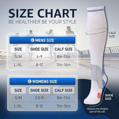 Kickticks 4 Pairs Compression Socks for Woman & Man Unisex 20-30mmHg Knee high Plus Size Wide Calves for Flying Running…