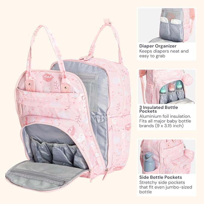 BabbleRoo Diaper Bag Backpack - Baby Essentials Travel Tote - Multi Function Water Resistant Diaper Bag, Travel Essentials Baby Bag with Changing Pad, Stroller Straps & Pacifier Case - Pink Birdy