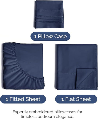 Twin Size 3 Piece Sheet Set - Comfy Breathable & Cooling Bed Sheets Set - Hotel Luxury Bedding for Women, Men, Kids, Teens, Boys & Girls - Deep Pockets, Ultra-Soft, Wrinkle Free - Oeko-Tex - Navy Blue