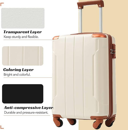 Merax Carry-On Luggage 22x14x9 airline approved, Hardshell ABS Suitcase with Spinner Wheels, TSA Lock, Lightweight Durable 20 Inch Travel Luggage for Men Women(White Brown)