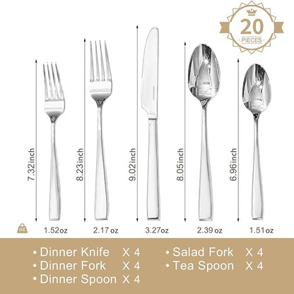 KINGSTONE Mirror Polish Silverware Set for 4, 20-Piece 18/10 Stainless Steel Flatware Set, Dishwasher Safe Cutlery Set for Wedding, Home, Restaurant, Knives Spoons and Forks Set