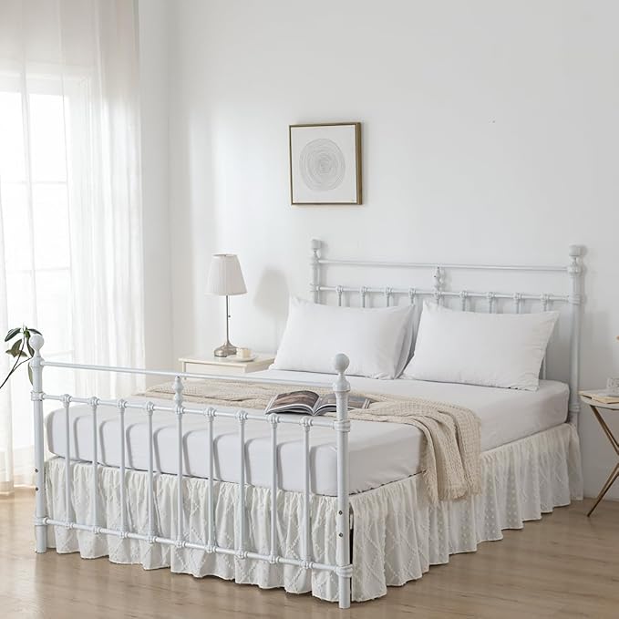 Bed Skirt Queen Size Ruffled Bed Skirt with Split Corners, 12 Inch Drop Dust Ruffle Bed Skirts with Platform, Boho Tufted Shabby Chic Queen Size Bed Skirts, Ivory