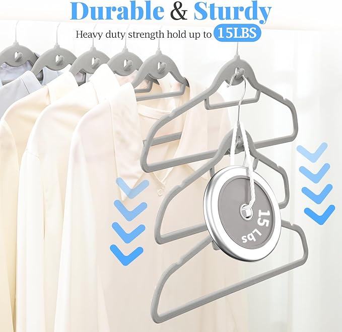 Velvet Felt Stackable Hangers 50 Pack, Non Slip, with 360° Swivel Hook, Ultra Thin and Space Saving for Suits, Shirts, Coats, 15Lbs Capacity Heavy Duty, Gray